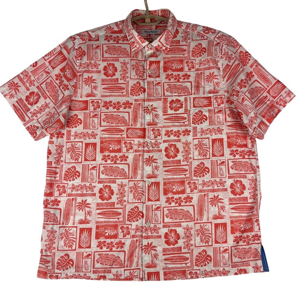 Tommy Bahama Shirt Mens Large Orange Hawaiian Tropical Aloha Button Up
